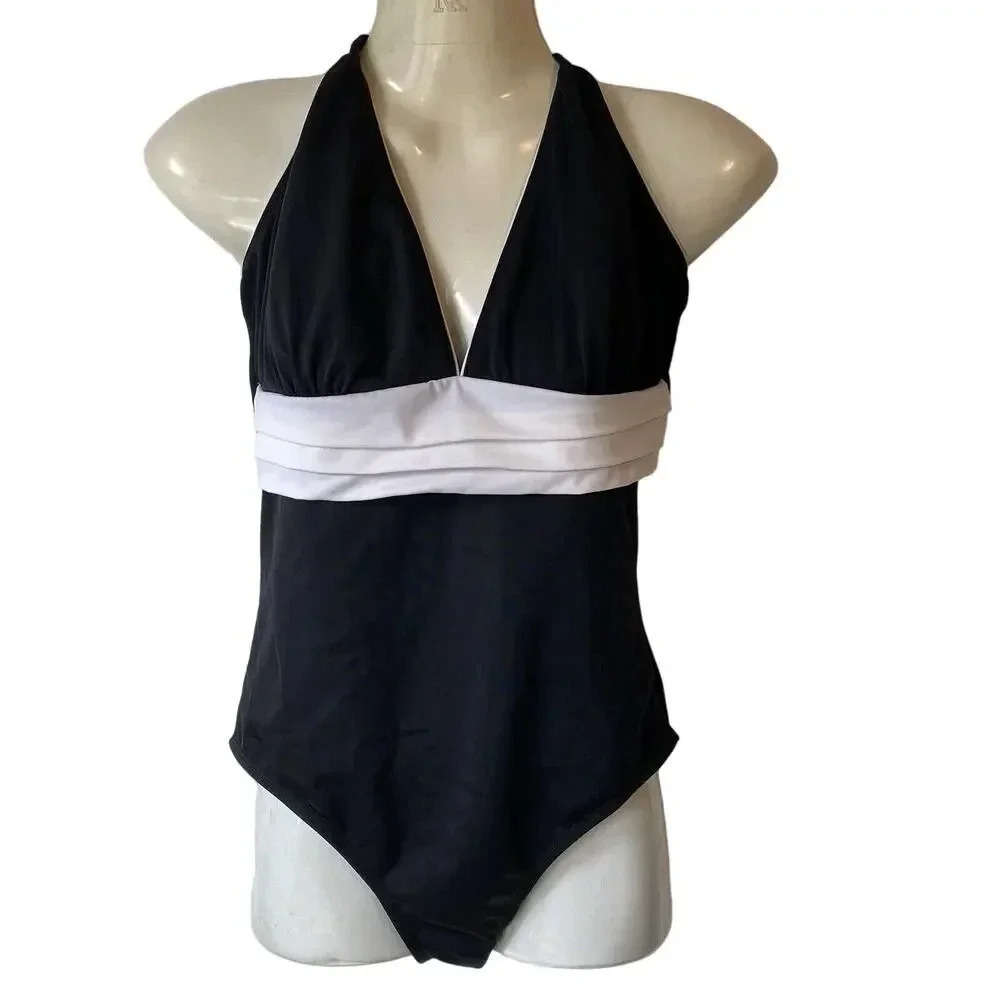 Contour Beach Scene Women's 12 One piece Swimsuit Built In Bra Black White Tie